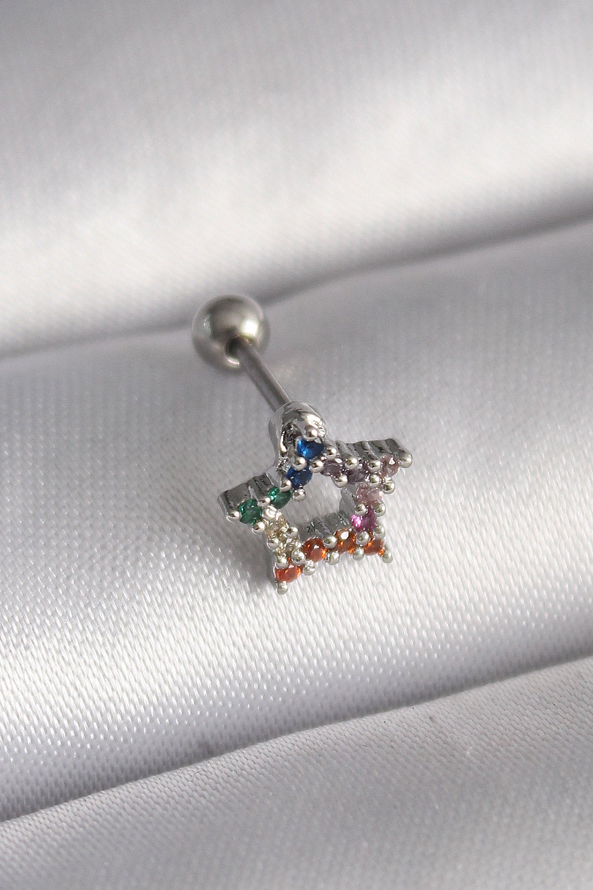 316L Çelik Gümüş Renk Renkli Zirkon Taşlı Yıldız Model Tragus Piercing - PR1355
