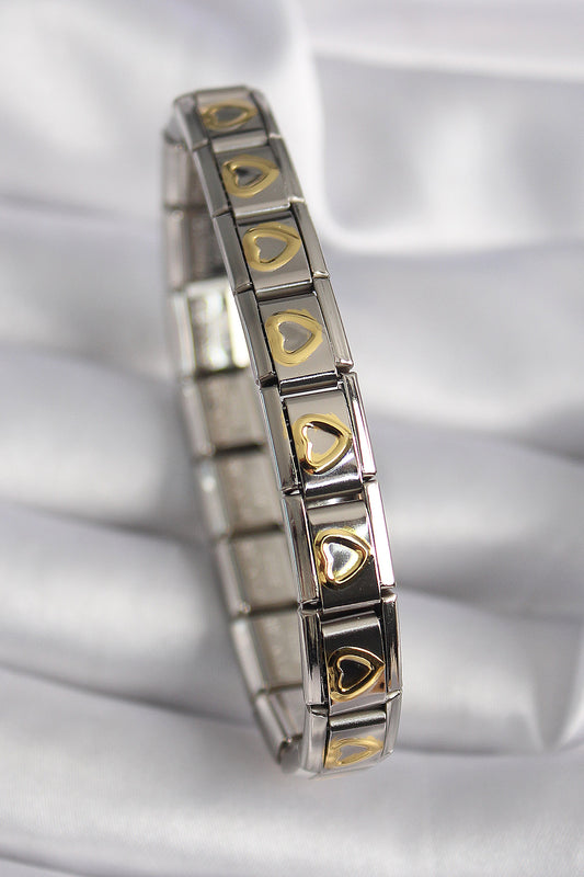 BB6481 - 316L Çelik Gümüş Renk Gold Kalp İşleme Nomination Model Kadın Bileklik