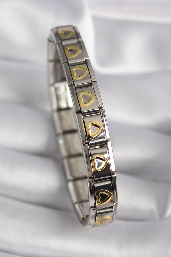 BB6481 - 316L Çelik Gümüş Renk Gold Kalp İşleme Nomination Model Kadın Bileklik