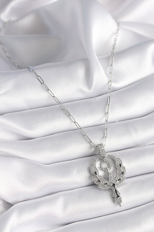 BKO9527 - 316L Çelik Gümüş Renk Zirkon Taşlı Anka Kuşu Model Kadın Kolye