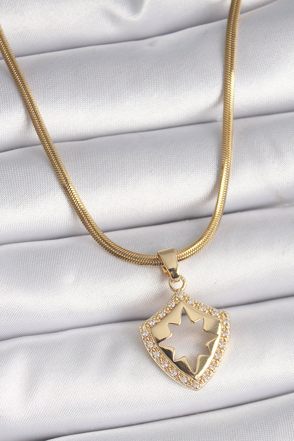 BKO9536 - 316L Çelik Gold Renk İtalyan Zincir Zirkon Taşlı Kutup Yıldız İşleme Kadın Kolye