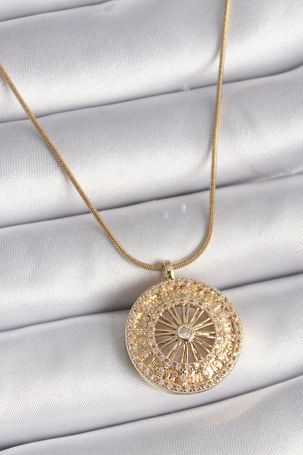 BKO9542 - 316L Çelik Gold Renk Zirkon Taşlı 12 Burç Madalyon Model Kadın Kolye