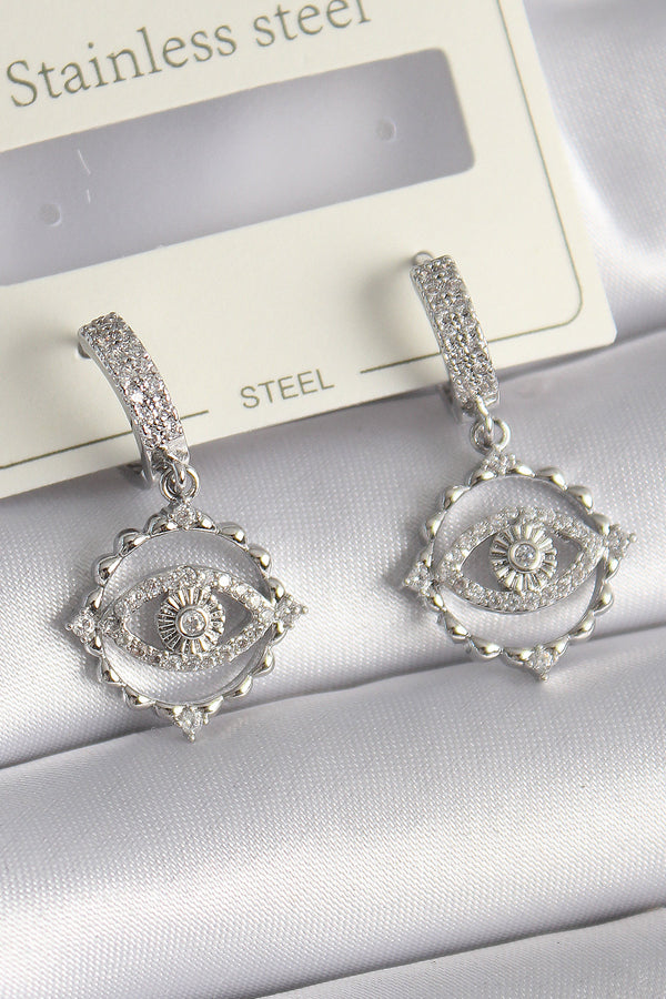 BKP9734 - Pirinç Gümüş Renk Zirkon Taşlı Göz Model Kadın Küpe