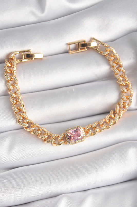 Pirinç Gold Renk Pembe Kare Zirkon Taşlı VIP Seri Kadın Bileklik - BB6488