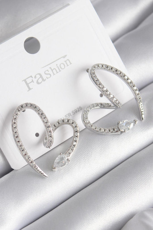 BKP9742 - Pirinç Gümüş Renk Zirkon Taşlı Yılan Kalp Model Kadın Küpe