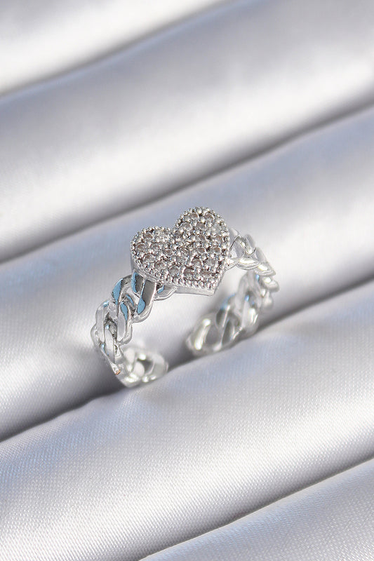 BYK3484 - Pirinç Gümüş Renk Zincir Kordon Zirkon Taşlı Kalp Model Kadın Yüzük