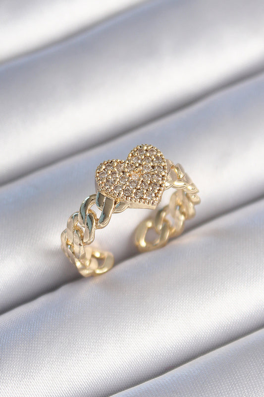 BYK3485 - Pirinç Gold Renk Zincir Kordon Zirkon Taşlı Kalp Model Kadın Yüzük