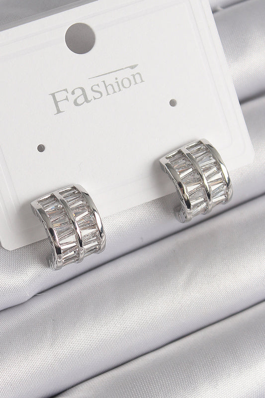 BKP9755 - Pirinç Gümüş Renk Çift Sıra Zirkon Taşlı Kadın Küpe