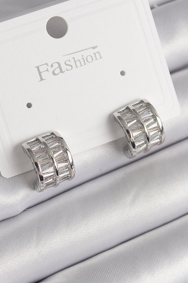 BKP9755 - Pirinç Gümüş Renk Çift Sıra Zirkon Taşlı Kadın Küpe