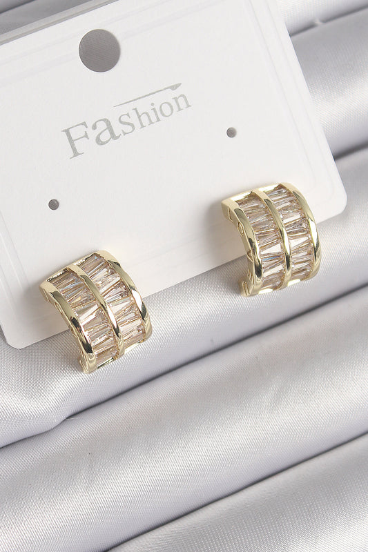 BKP9756 - Pirinç Gold Renk Çift Sıra Zirkon Taşlı Kadın Küpe