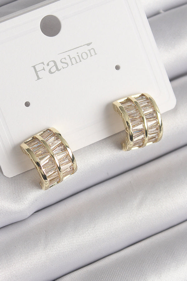 BKP9756 - Pirinç Gold Renk Çift Sıra Zirkon Taşlı Kadın Küpe