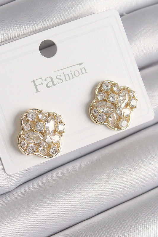 BKP9764 - Pirinç Gold Renk Zirkon Taşlı Yonca Model Kadın Küpe
