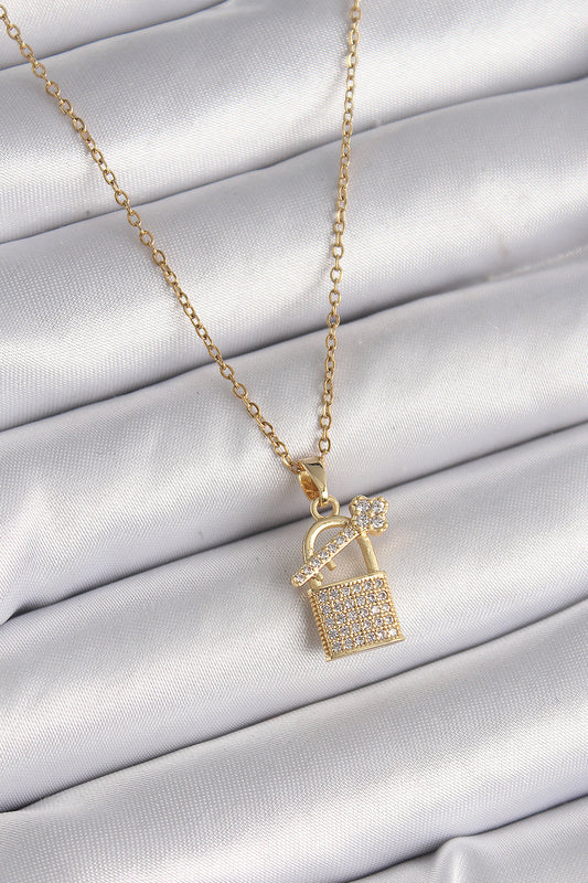 316L Çelik Gold Renk Zincir Zirkon Taşlı Asma Kilit Anahtar Model Kadın Kolye - BKO9585