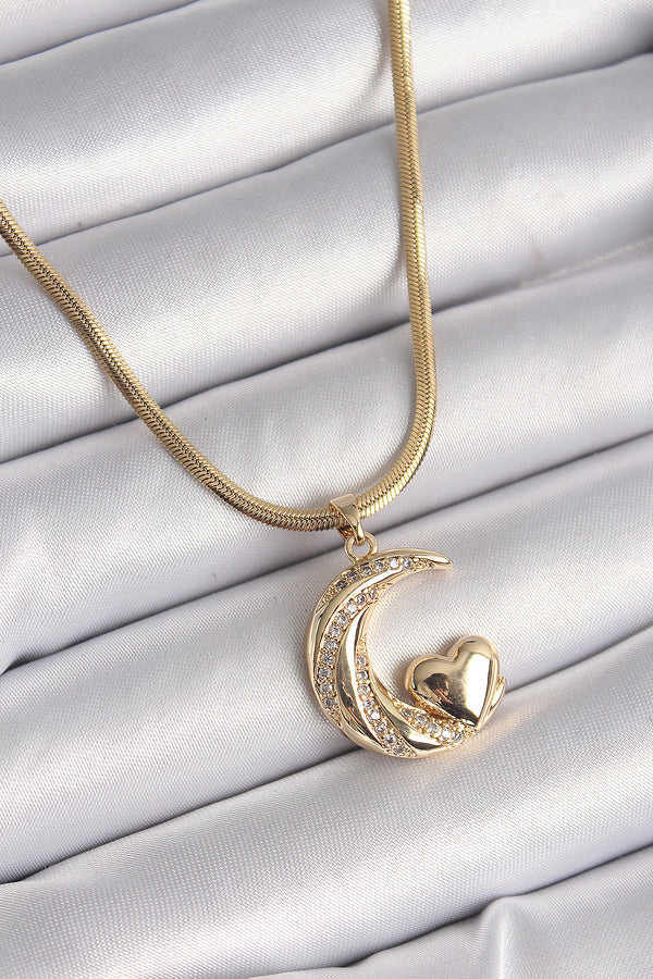 BKO9591 - 316L Çelik Gold Renk Çelik İtalyan Zincir Zirkon Taşlı Halil Figür Kalp Detay Kadın Kolye