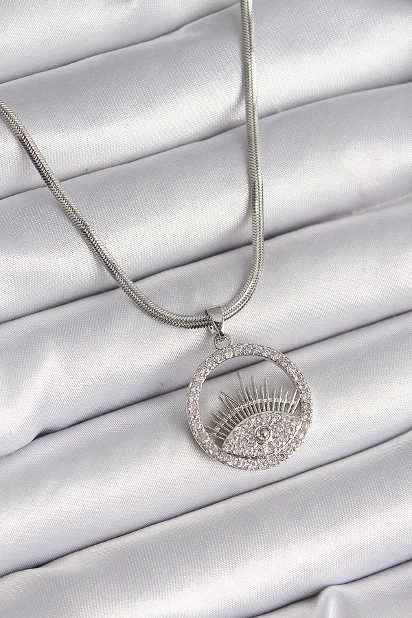 BKO9592 - 316L Çelik Gümüş Renk İtalyan Zincir Zirkon Taşlı Göz Model Kadın Kolye