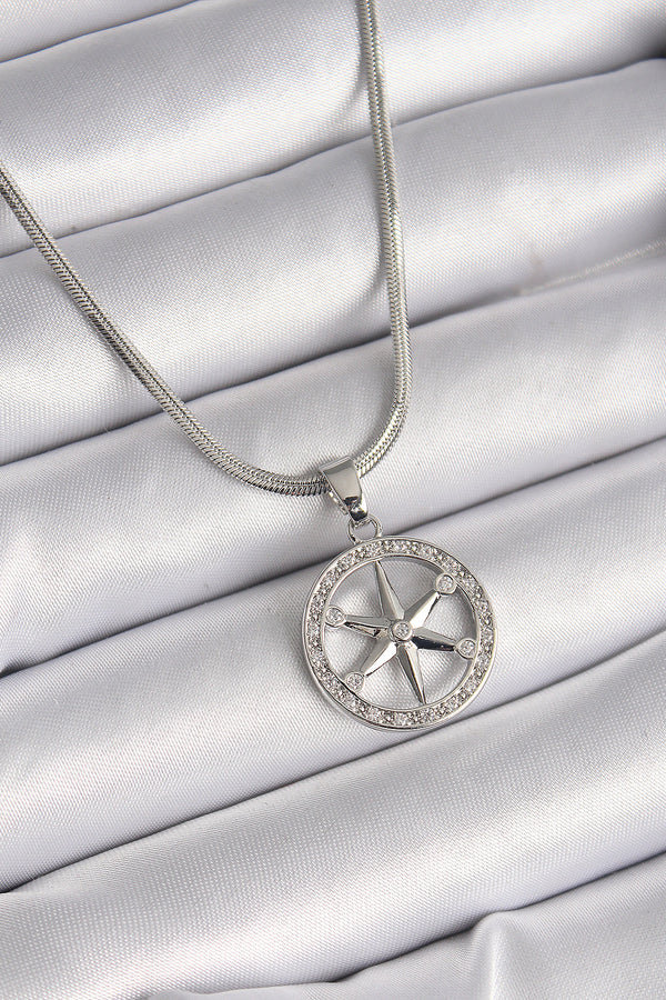 BKO9594 - 316L Çelik Gümüş Renk İtalyan Zincir Zirkon Taşlı Kutup Yıldız Model Kadın Kolye