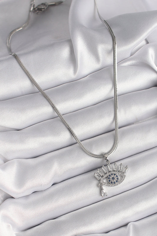 BKO9598 - 316L Çelik Gümüş Renk İtalyan Zincir Zirkon Taşlı Göz Model Kadın Kolye