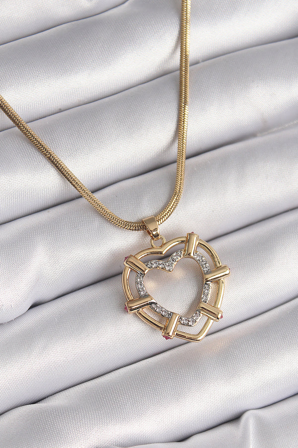 BKO9601 - 316L Çelik Gold Renk İtalyan Zincir Mix Renk Zirkon Taşlı Kalp Model Kadın Kolye
