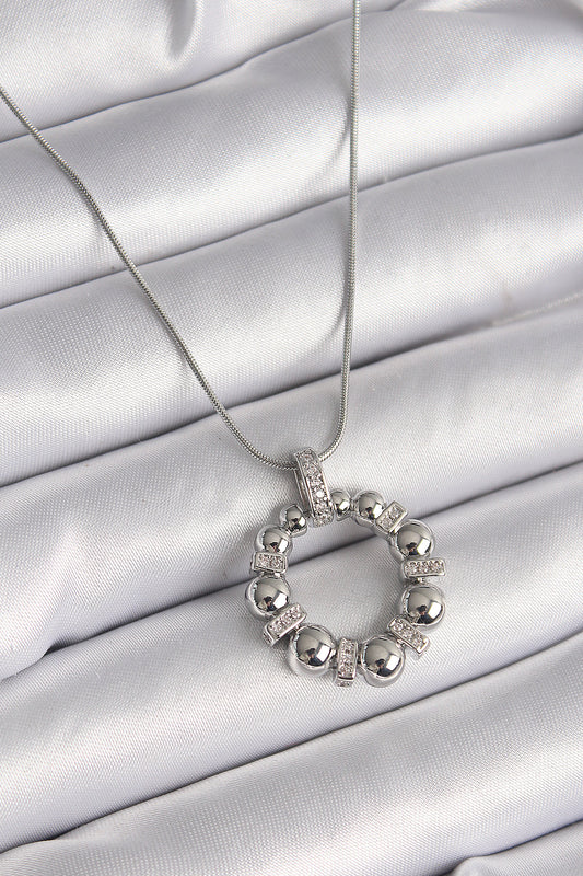 BKO9604 - 316L Çelik Gümüş Renk Zincir Zirkon Taş Detaylı Bombeli Halka Model Kadın Kolye