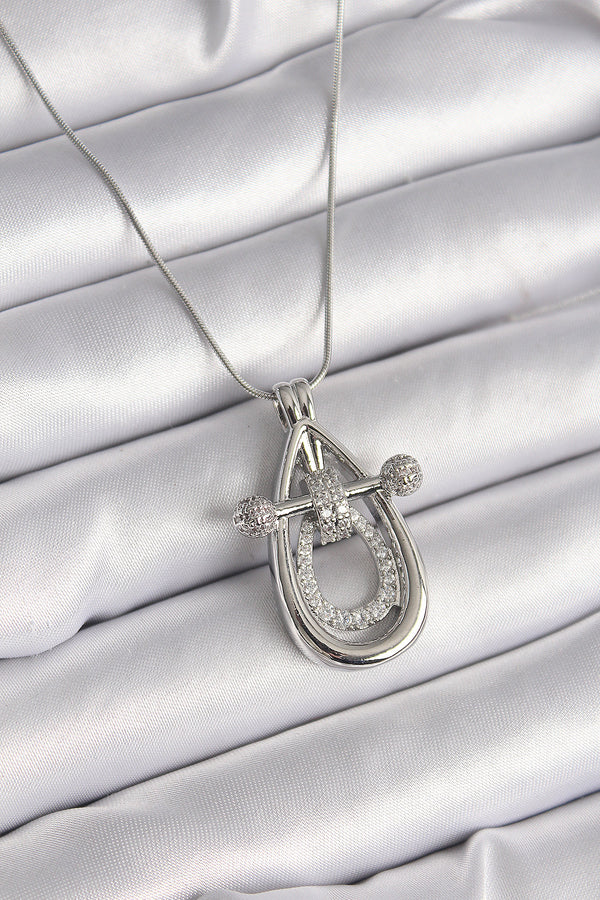 BKO9606 - 316L Çelik Gümüş Renk Zirkon Taşlı Damla Model Kadın Kolye