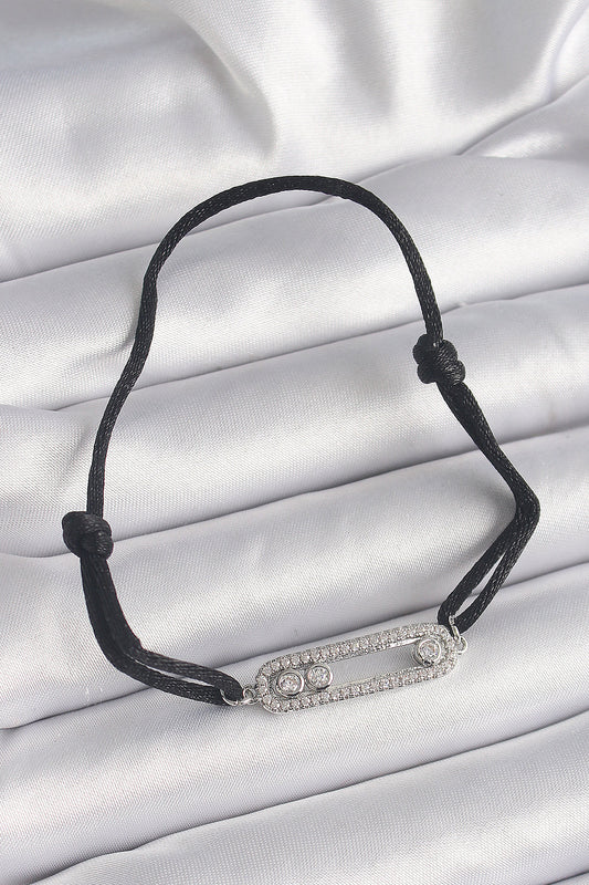 BB6580 - Siyah Renk İpli Asansör Zirkon Taşlı Gümüş Messika Model Kadın Bileklik