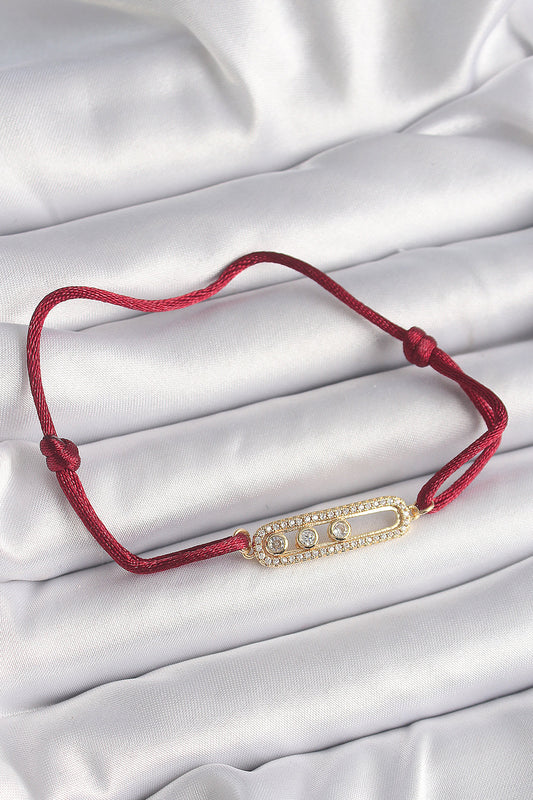 BB6581 - Kırmızı İpli Asansörlü Zirkon Taşlı Gold Messika Model Kadın Bileklik