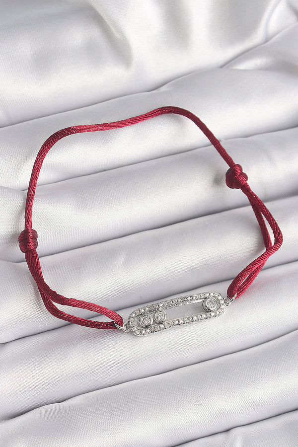 BB6582 - Kırmızı İpli Asansörlü Zirkon Taşlı Gümüş Messika Model Kadın Bileklik