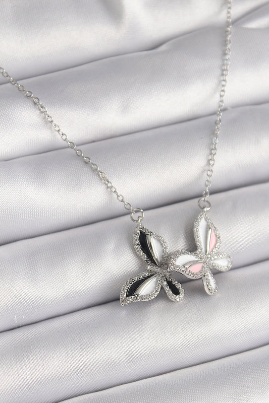 BKO9615 - 316L Çelik Gümüş Renk Zincir Zirkon Taşlı Renkli Kelebek Model Kadın Kolye
