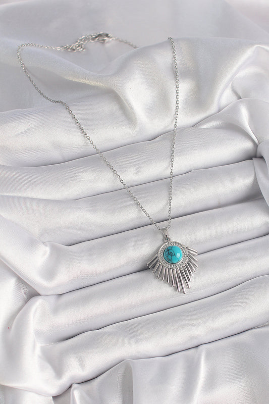 BKO9617 - 316L Çelik Gümüş Renk Zincir Mavi Boncuklu Zirkon Taşlı Kadın Kolye