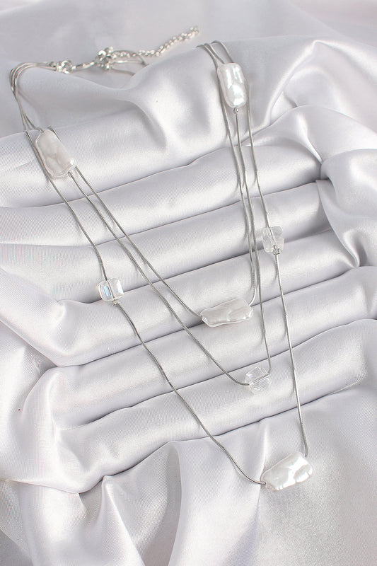 BKO9620 - Pirinç Gümüş Renk Ezme İnci Model Çoklu Kadın Kolye