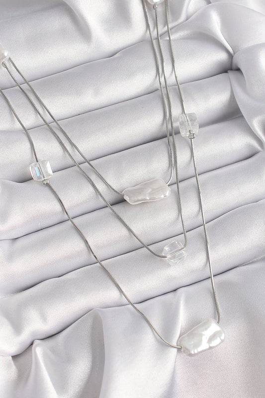 BKO9620 - Pirinç Gümüş Renk Ezme İnci Model Çoklu Kadın Kolye