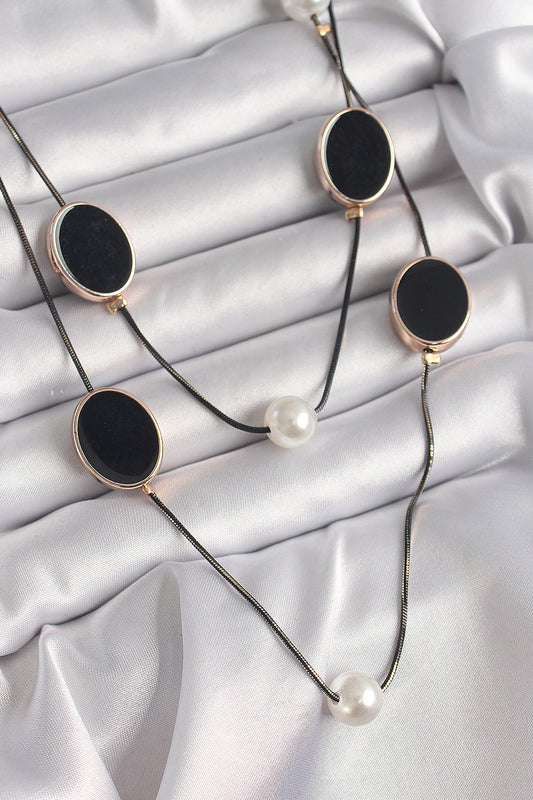 BKO9621 - Pirinç Siyah Renk Zincir İnci Detaylı Çoklu Kadın Kolye