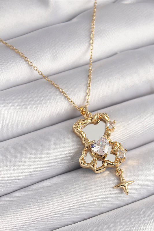 BKO9626 - 316L Çelik Gold Renk Zincir Ayna Ayıcık Model Zirkon Taşlı Kalp Model Kadın Kolye