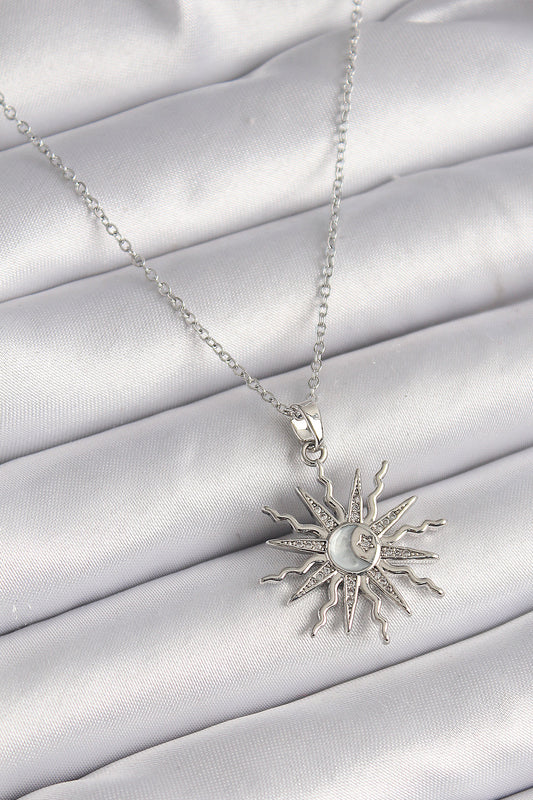 BKO9631 - 316L Çelik Gümüş Renk Zincir Zirkon Taşlı Güneş Model Sedefli Ay İşleme Detay Kadın Kolye