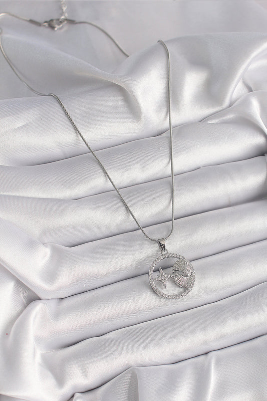 BKO9637 - 316L Çelik Gümüş Renk Zincir Zirkon Taşlı Yıldız Madalyon Model Kadın Kolye