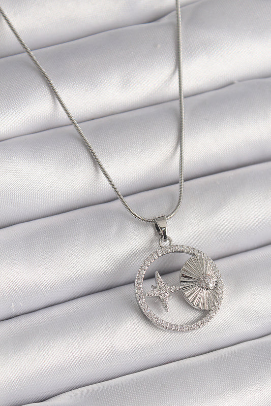 BKO9637 - 316L Çelik Gümüş Renk Zincir Zirkon Taşlı Yıldız Madalyon Model Kadın Kolye