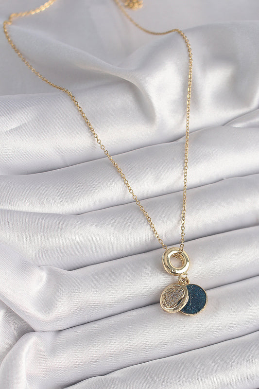 BKO9640 - 316L Çelik Gold Renk Zincir Zirkon Taşlı Kalp Model Mavi Simli Kadın Kolye