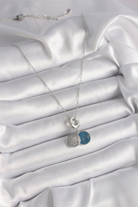 BKO9641 - 316L Çelik Gümüş Renk Zincir Zirkon Taşlı İşleme Mavi Simli Kadın Kolye