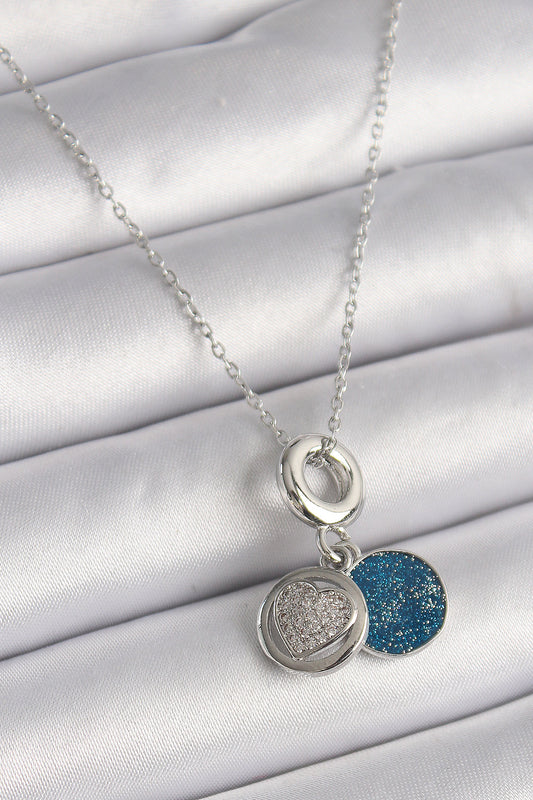 BKO9641 - 316L Çelik Gümüş Renk Zincir Zirkon Taşlı İşleme Mavi Simli Kadın Kolye