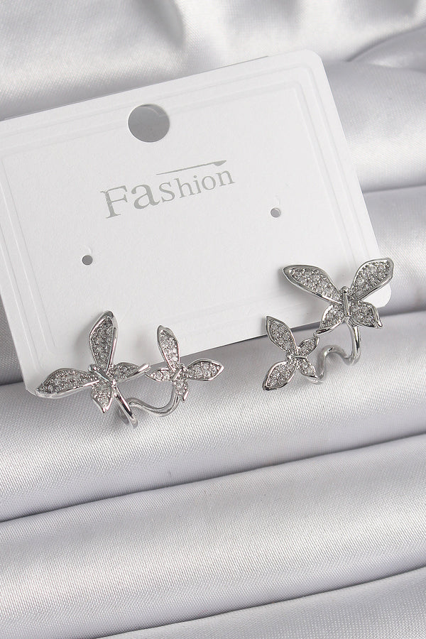 BKP9839 - Pirinç Gümüş Renk Zirkon Taşlı Kelebek Model Kadın Küpe