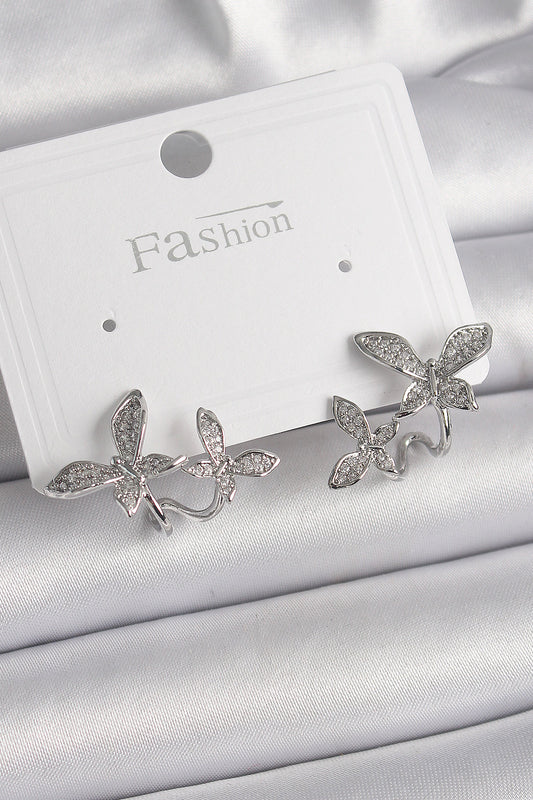 BKP9839 - Pirinç Gümüş Renk Zirkon Taşlı Kelebek Model Kadın Küpe