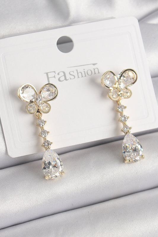 BKP9860 - Pirinç Gold Renk Zirkon Taşlı Kelebek Model Sallantı Damla Zirkon Taş Kadın Küpe