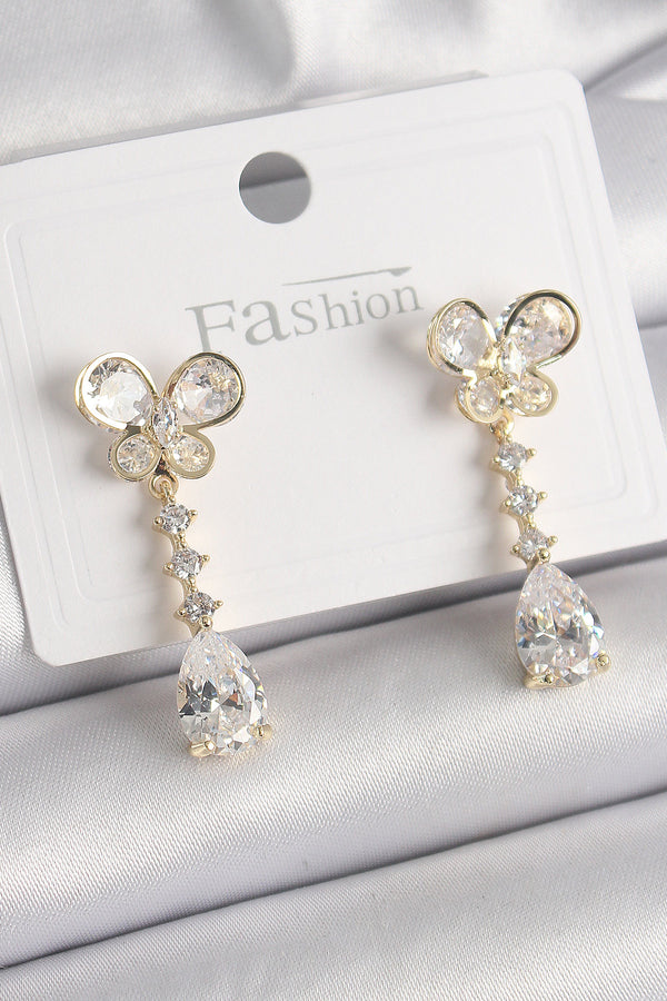 BKP9860 - Pirinç Gold Renk Zirkon Taşlı Kelebek Model Sallantı Damla Zirkon Taş Kadın Küpe