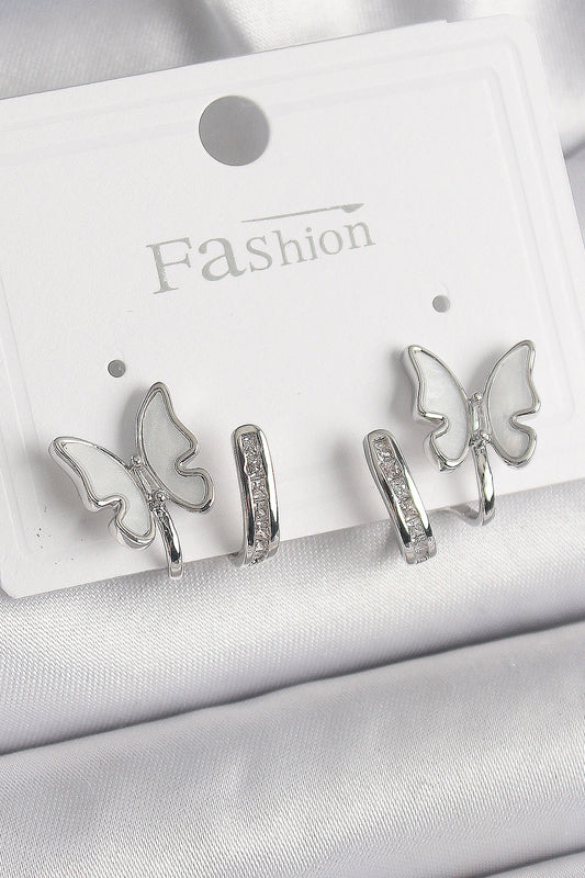 BKP9869 - Pirinç Gümüş Renk Zirkon Taş Detaylı Beyaz Sedefli Kelebek Model Kadın Küpe