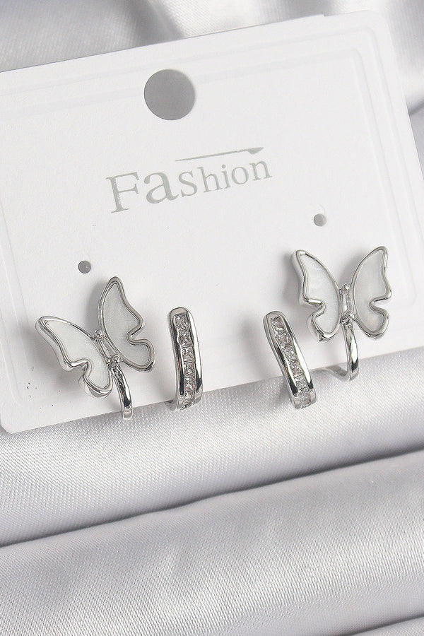 BKP9869 - Pirinç Gümüş Renk Zirkon Taş Detaylı Beyaz Sedefli Kelebek Model Kadın Küpe