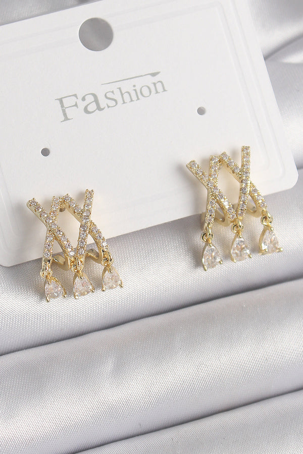 BKP9872 - Pirinç Gold Renk Zirkon Taşlı X Model Sallantı Detay Kadın Küpe