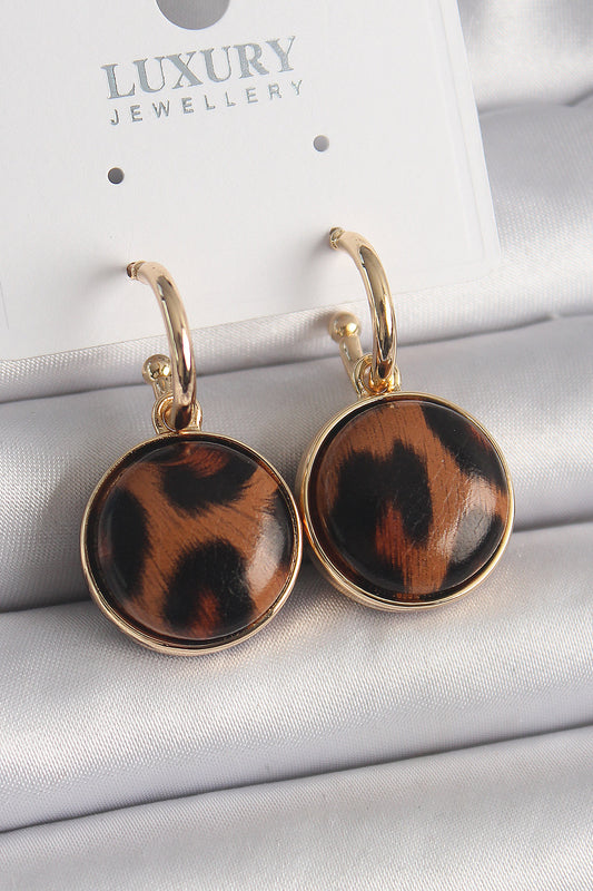 Pirinç Gold Renk Leopar Desenli Daire Model Kadın Küpe - BKP9877