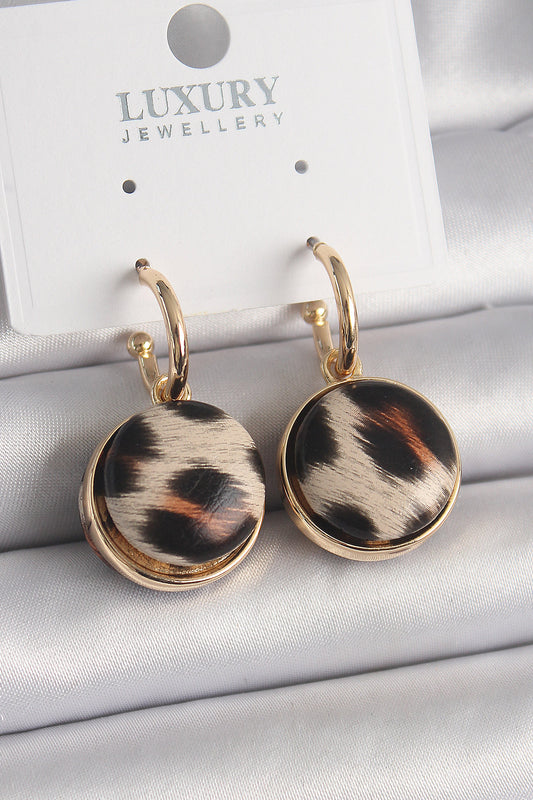 Pirinç Gold Renk Leopar Desenli Daire Model Kadın Küpe - BKP9878