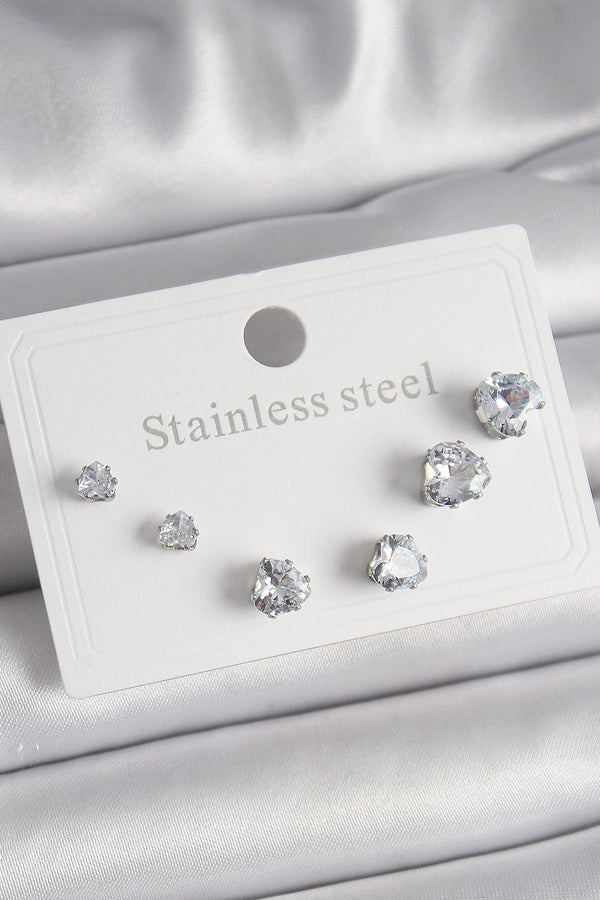 BKP9879 - 316L Çelik Gümüş Renk Zirkon Taşlı Kalp Model Kadın Küpe Seti