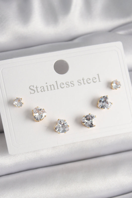 BKP9880 - 316L Çelik Gold Renk Zirkon Taşlı Kalp Model Kadın Küpe Seti